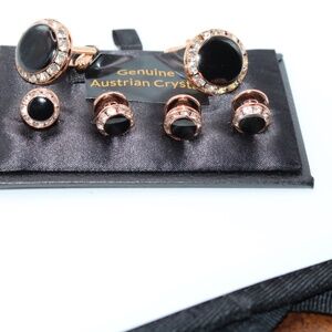 Austrian Crystal Rose Gold Cufflinks and Studs Onyx  Center Stone